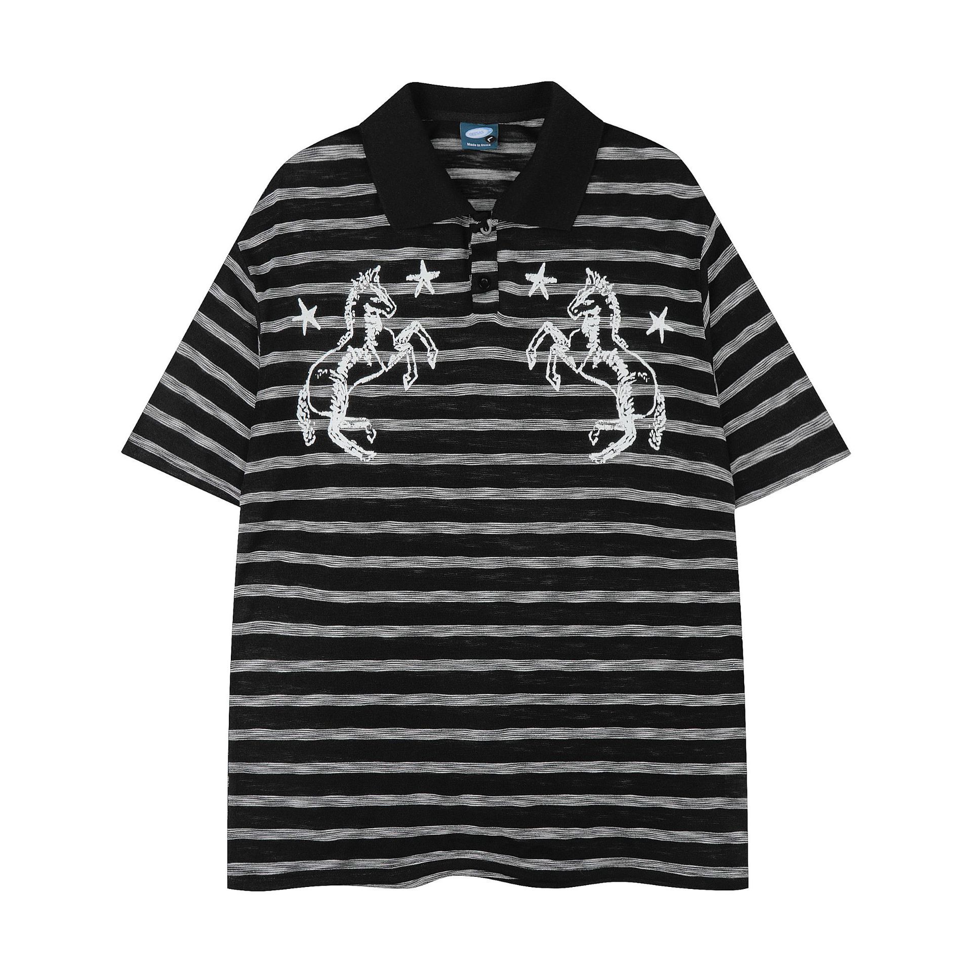 Men's Striped Turn-Down Collar T-Shirt | Loose Embroidered