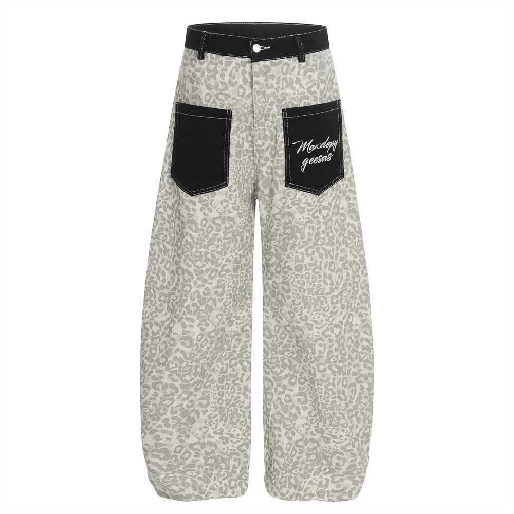 Leopard Print Denim Curved Cargo Pants
