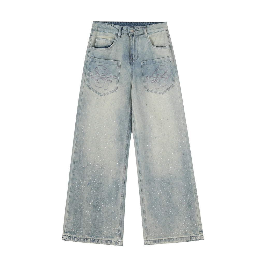 Washed Denim Pants | Printed Straight Fit Mid-Waist Jeans