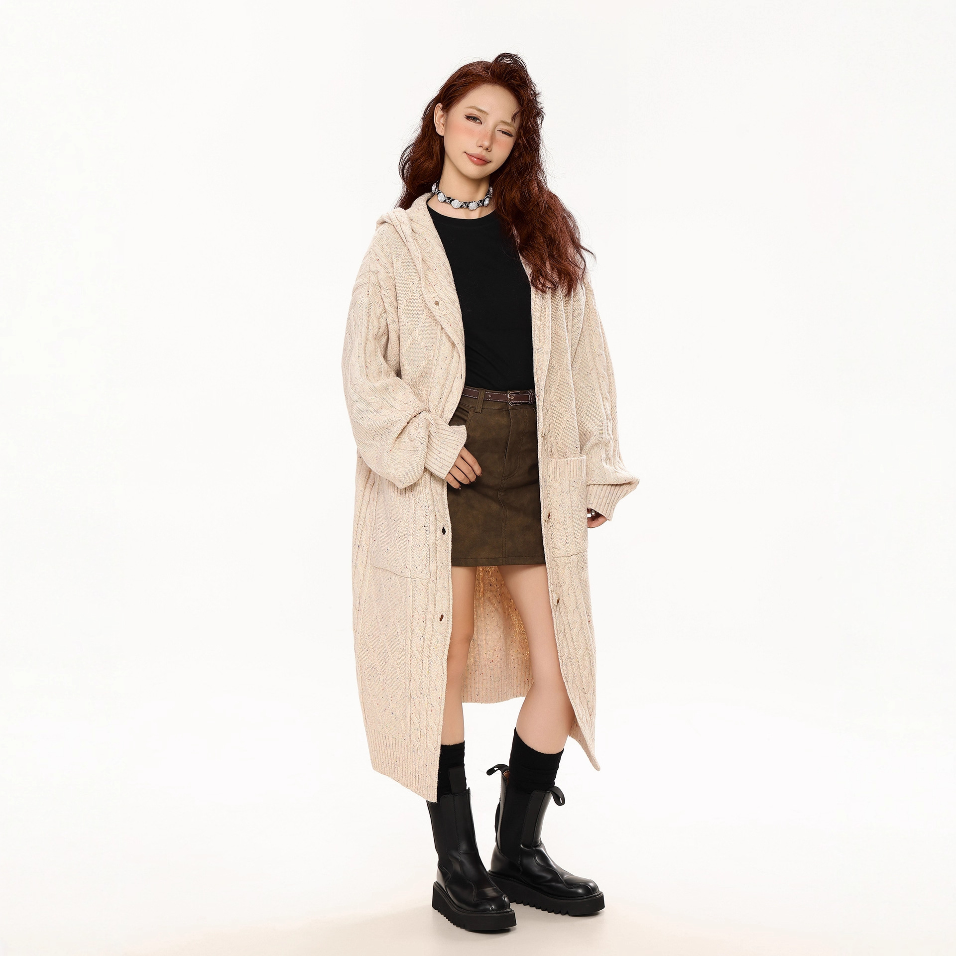 Women's Cable Knit Cardigan | Mid-Length Loose Fit Hooded