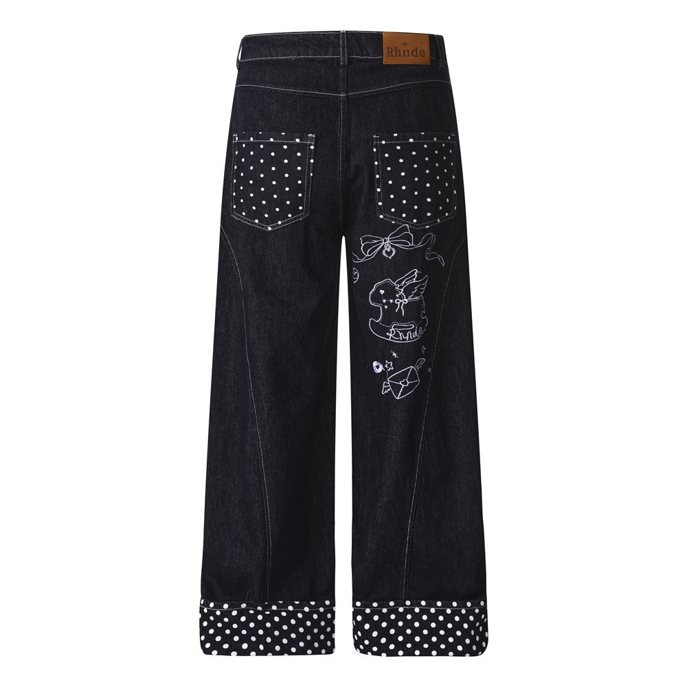 Cartoon Embroidery Polka Dot Denim Pants
