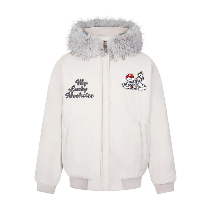 Embroidered Fur Collar Hooded Cotton Coat | Loose Couple's Jacket