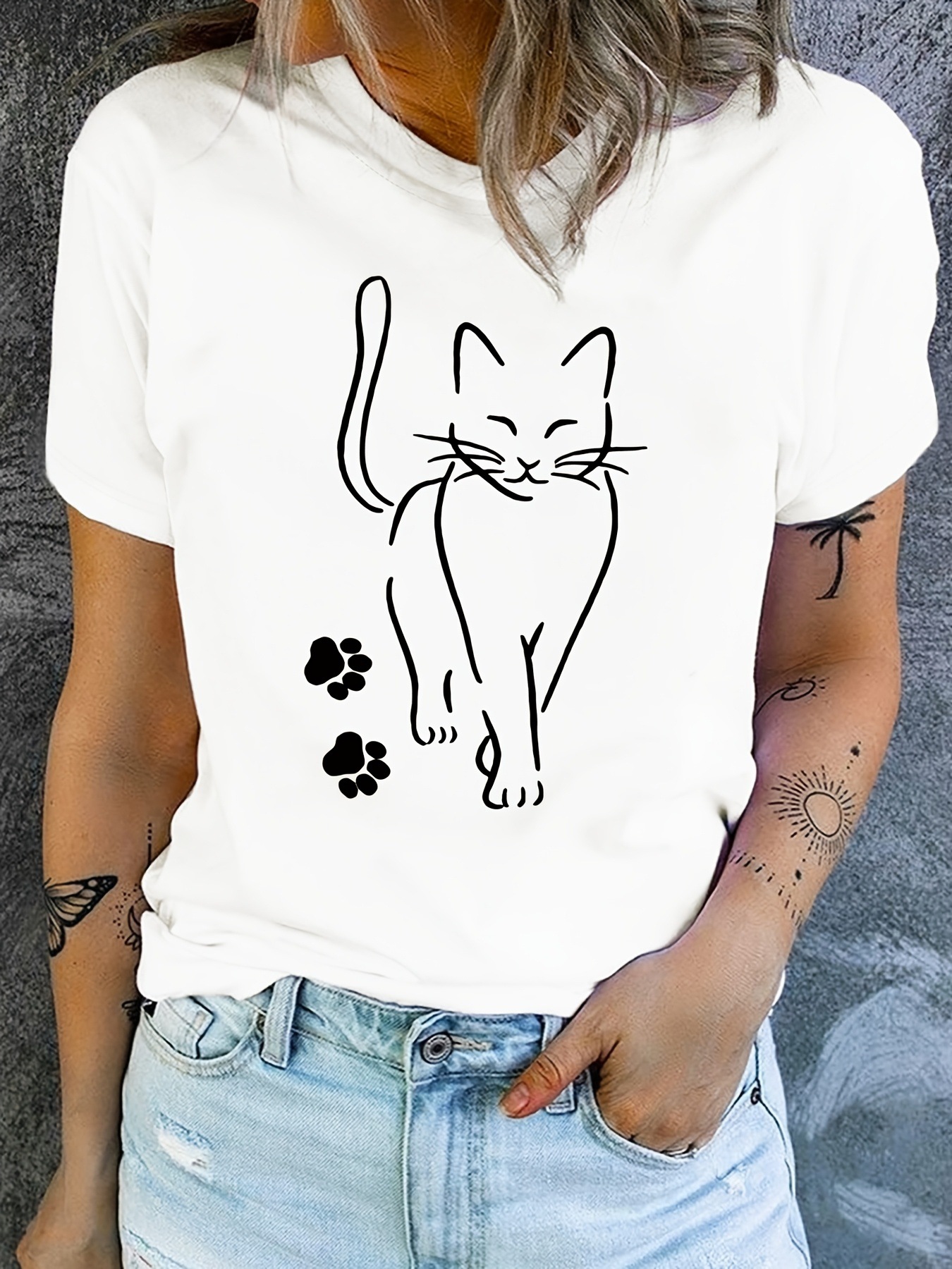 Women's Cat & Paw Print Round Neck T-Shirt | Casual