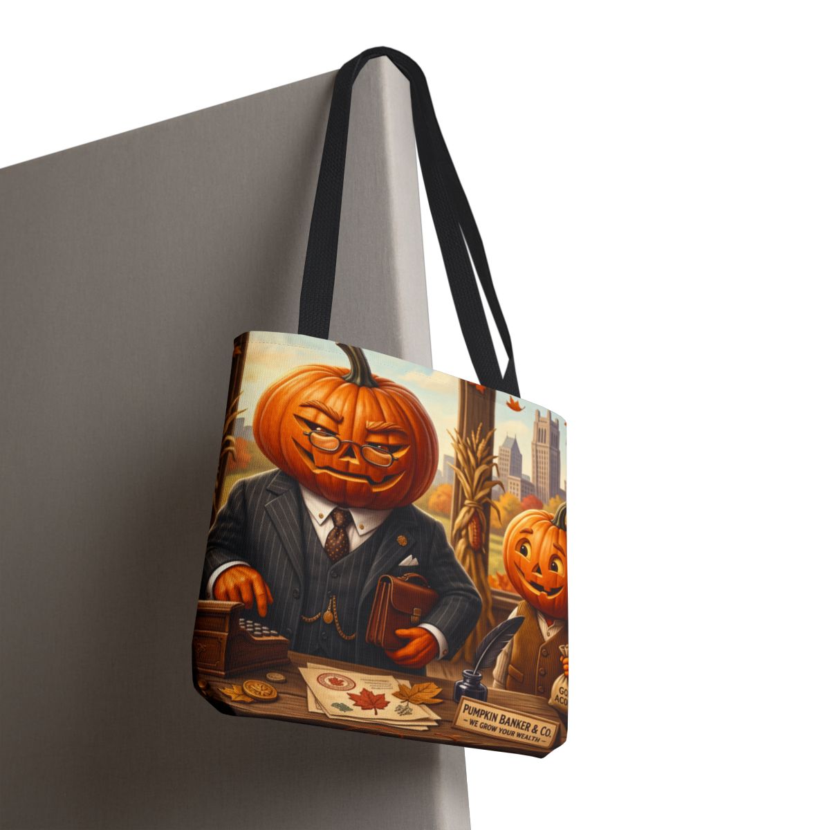Pumpkin Head Businessmen Tote Bag | Halloween Pumpkin City Illustration
