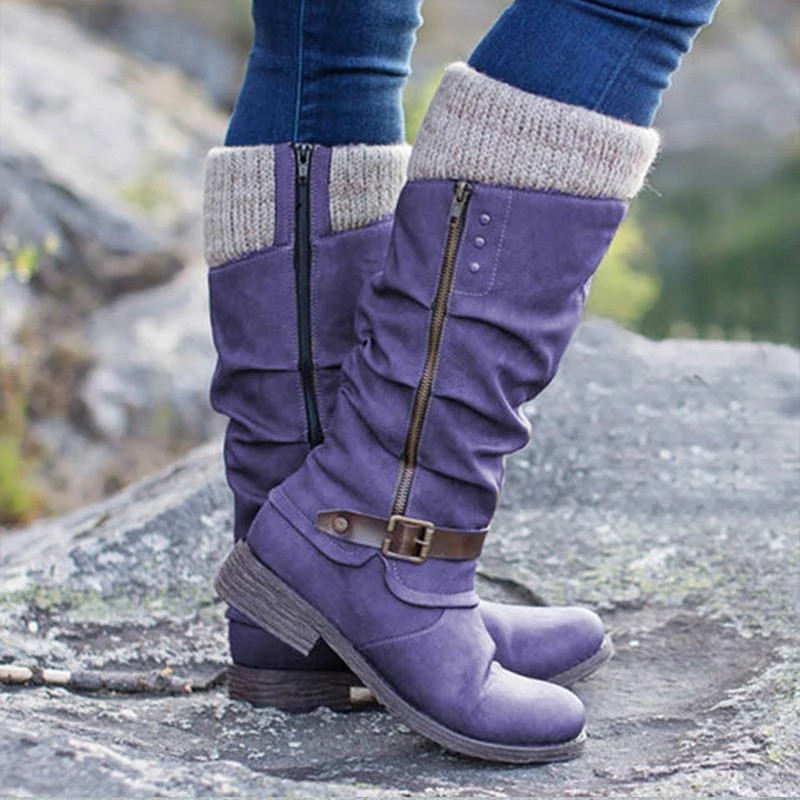 Thick Heel Side Zipper Knit Boots | Women's