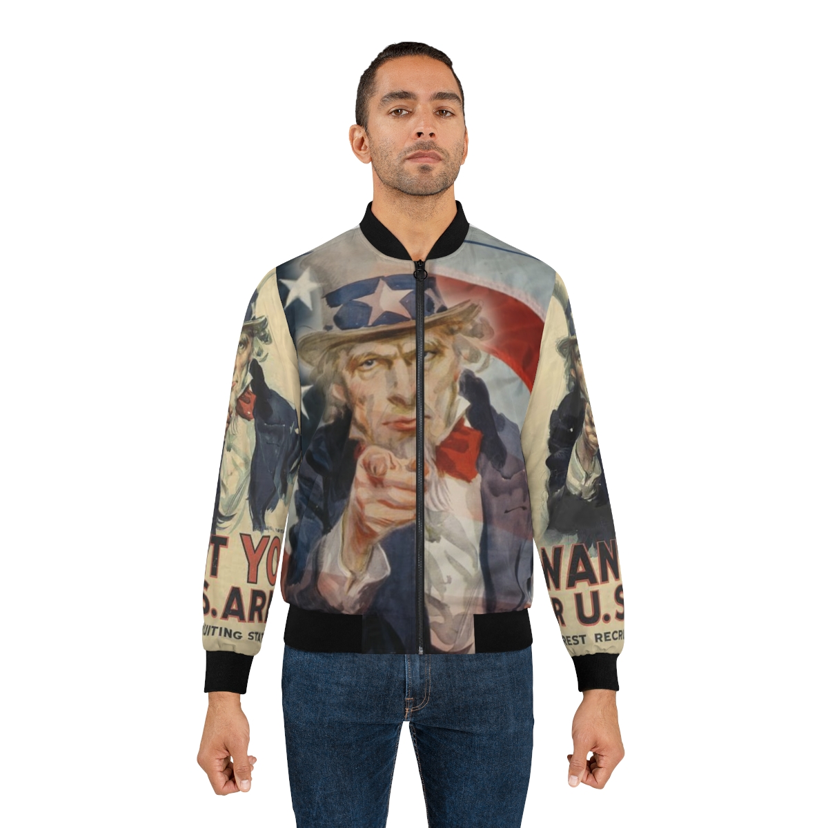 Uncle Sam Pointing Bomber Jacket | Patriotic American Flag Military Poster Aesthetic