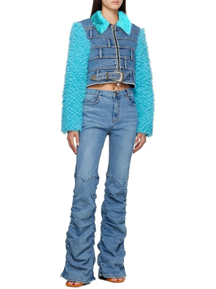 Casual Denim Coat for Women | Lapel Long Sleeve Colorblock Loose Coat 3