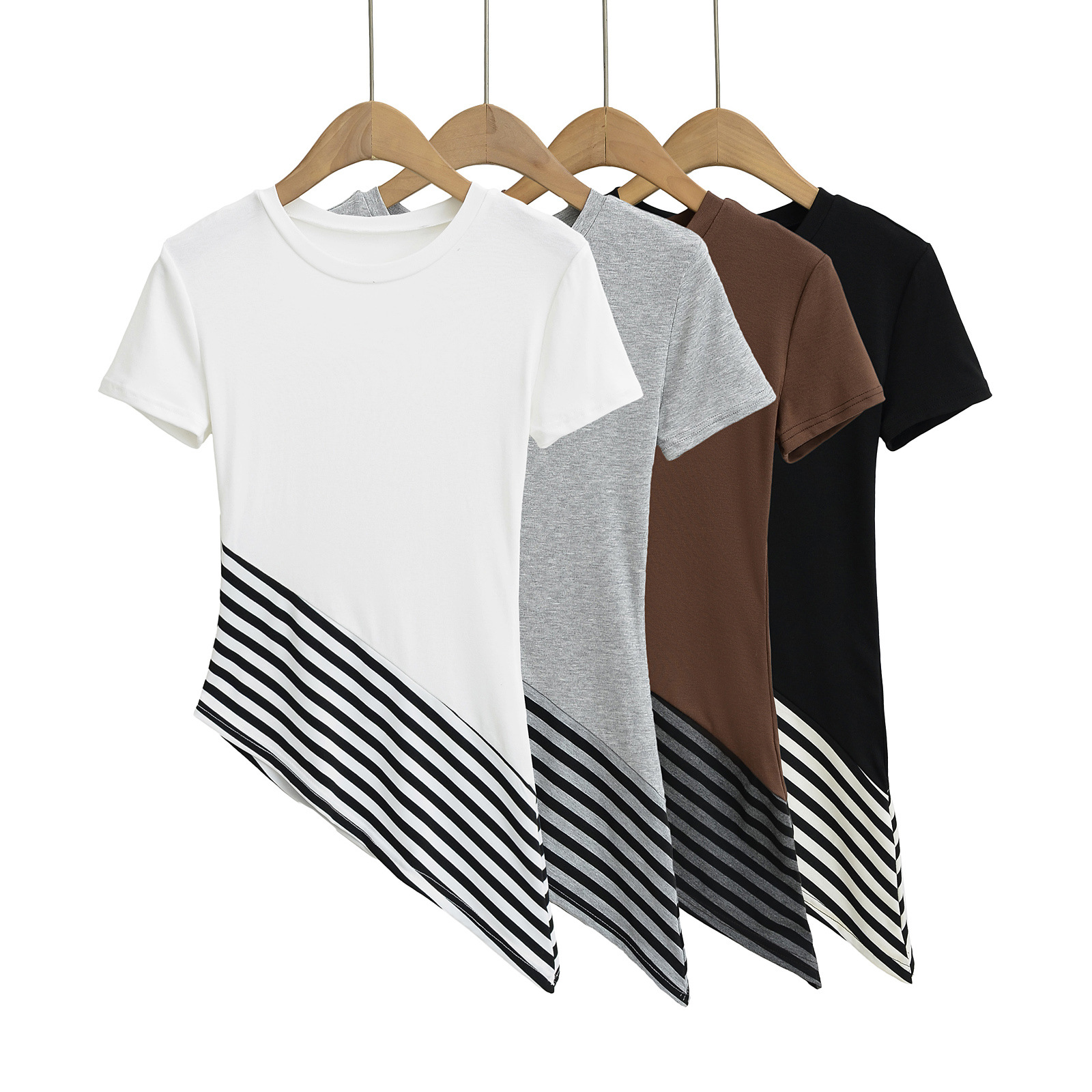 Striped Round Neck Diagonal Hem T-Shirt | Basic Casual