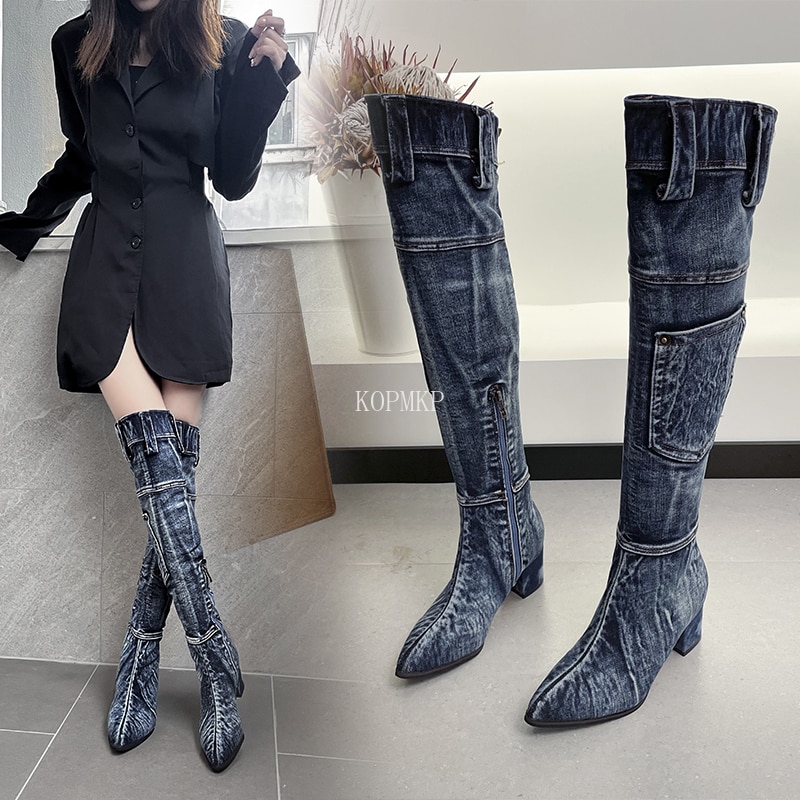 Sexy Denim Knee-High Boots | Women's Cowboy Style Zipper Boots