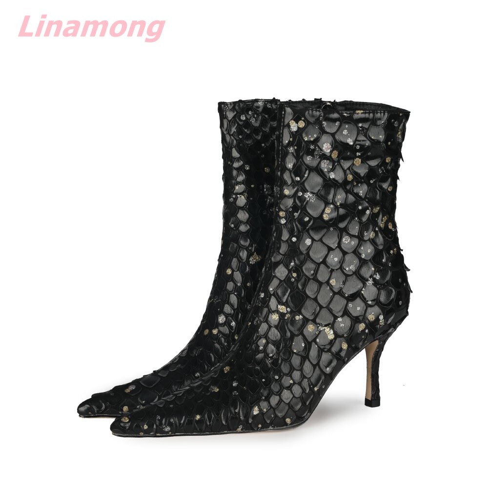 Women's Bling Pointed-Toe Ankle Boots, Thin High Heel