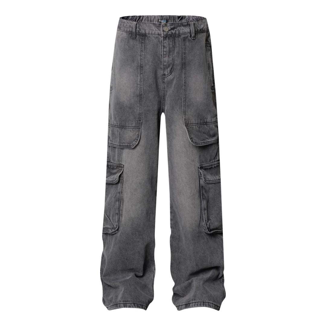 Unisex Washed Vintage Multi-Pocket Denim Work Pants