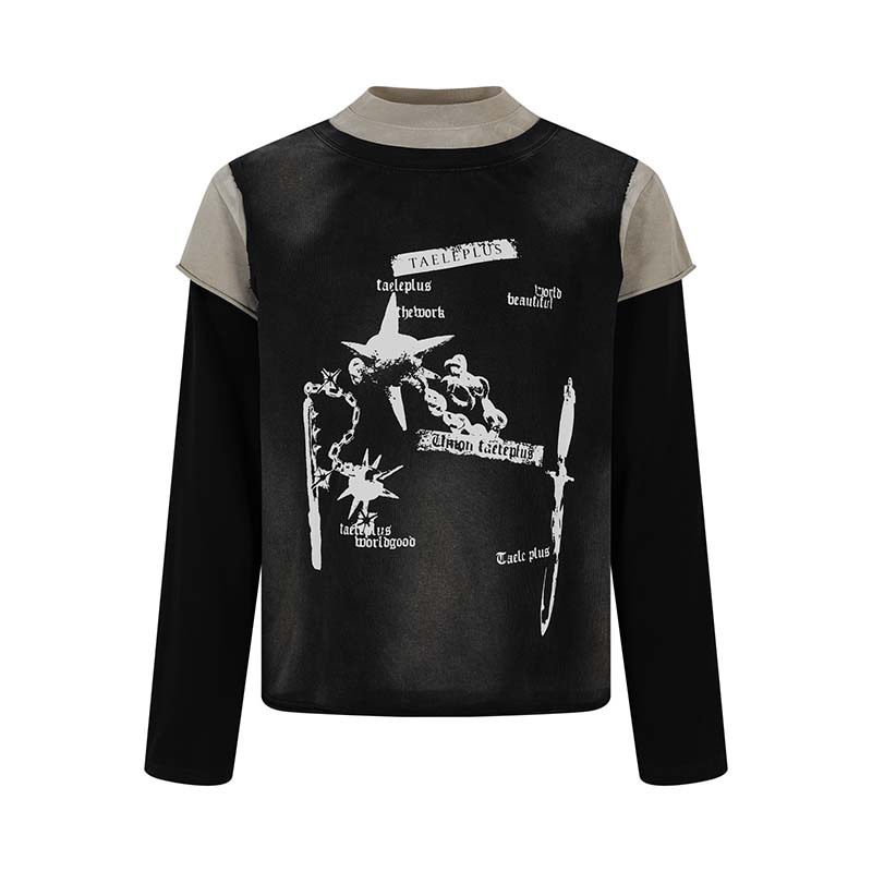 Hammer Letter Print Fake Two-Piece Long Sleeve Shirt | American Retro