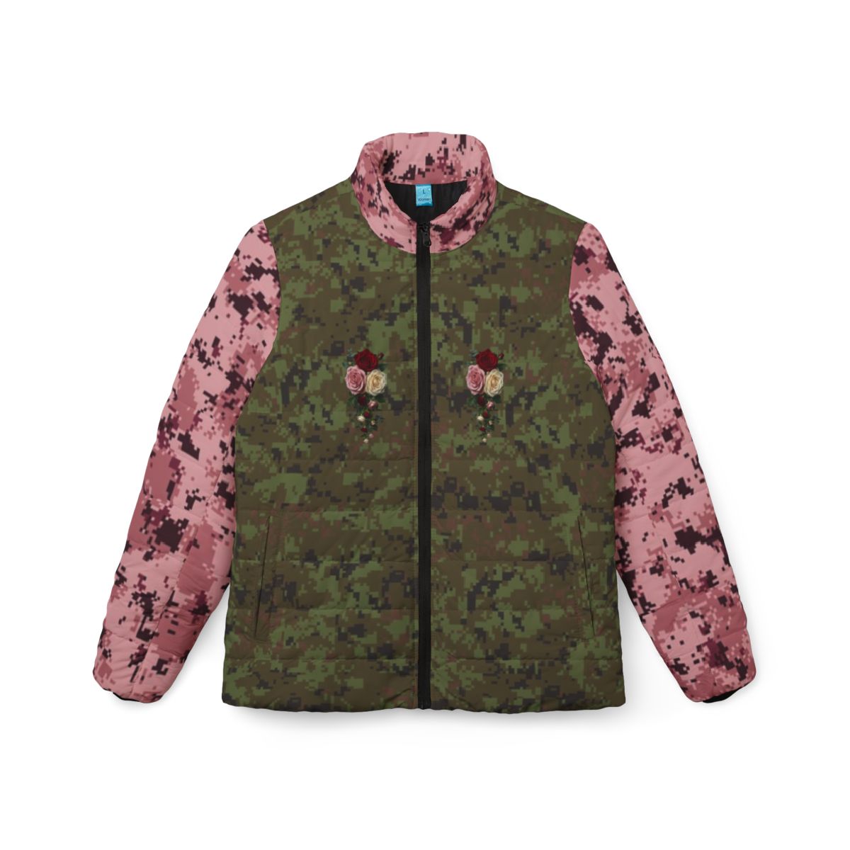 Green & Pink Camo Puffer Jacket with Rose Bouquet Print