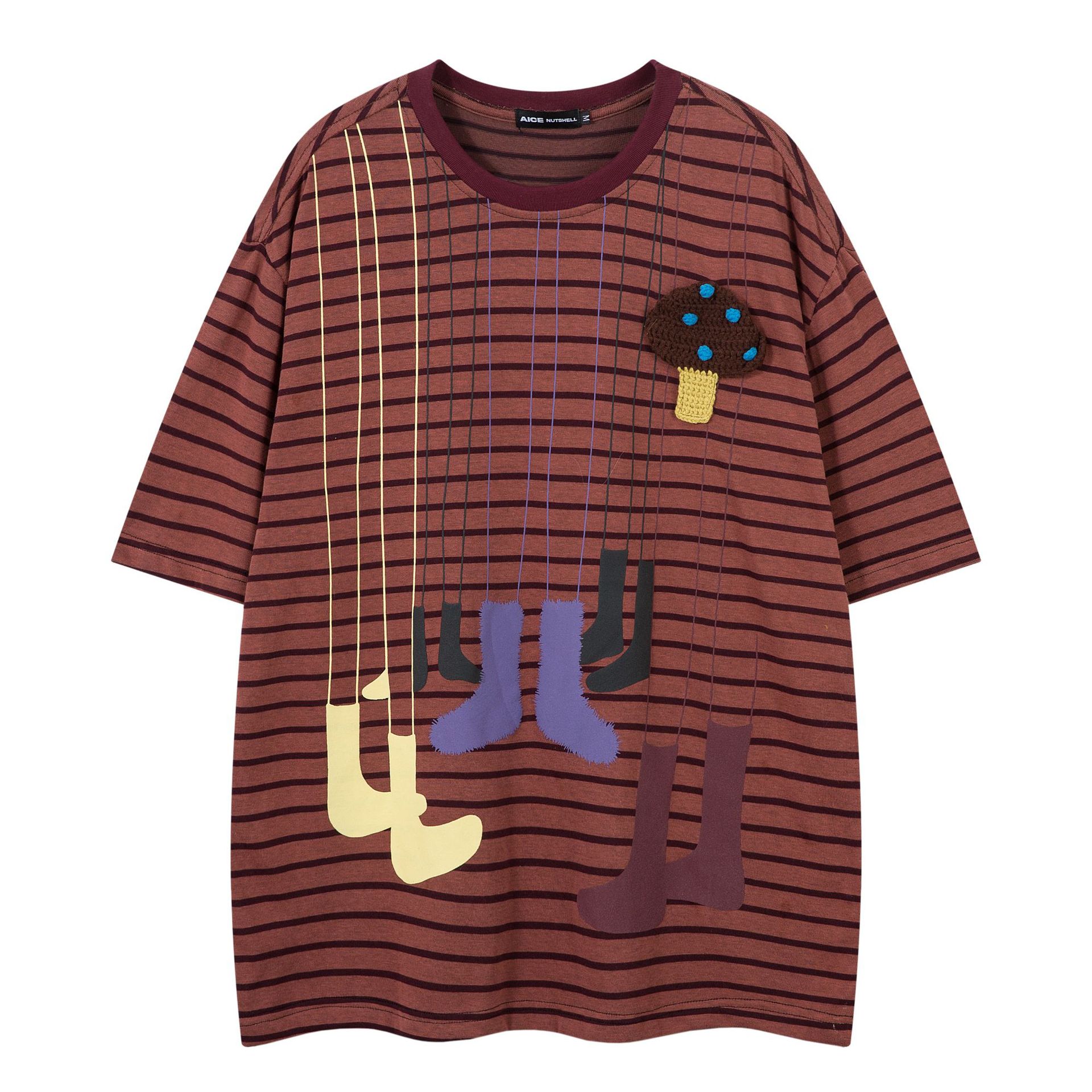 Retro Striped Cartoon Letter Print T-Shirt