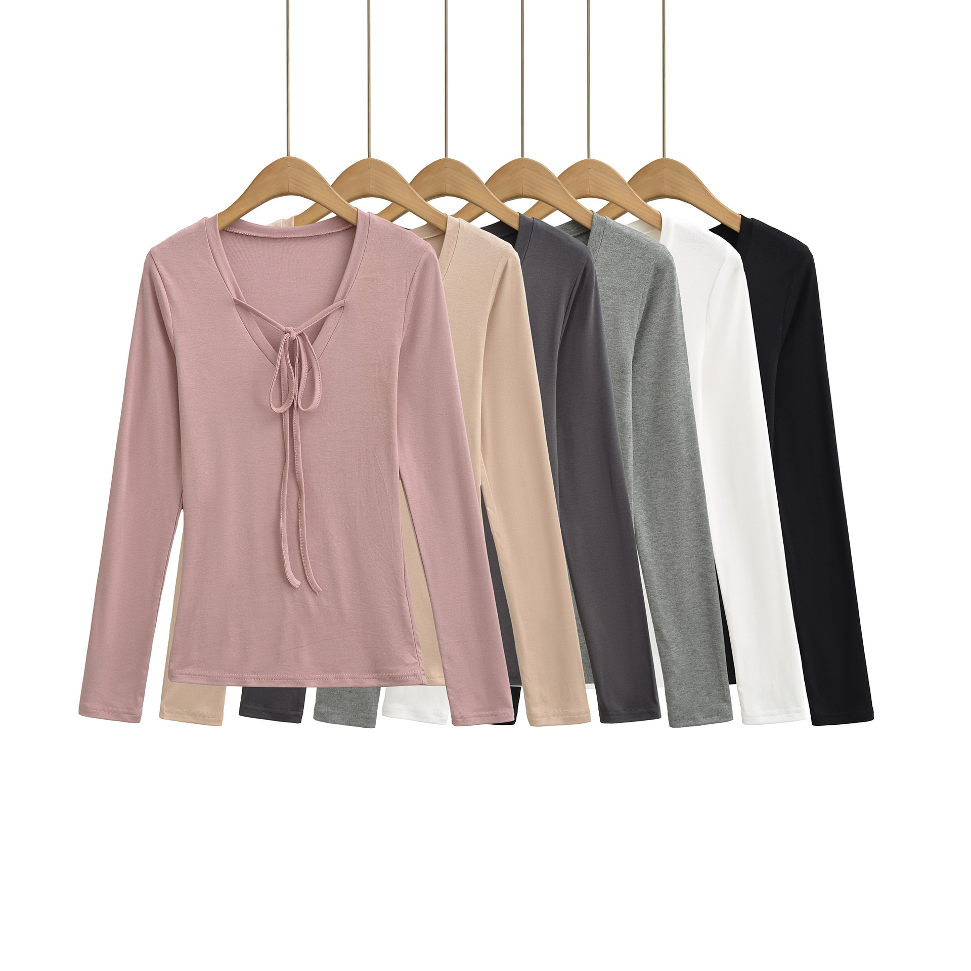 Deep V-Neck Tied Long Sleeve T-Shirt