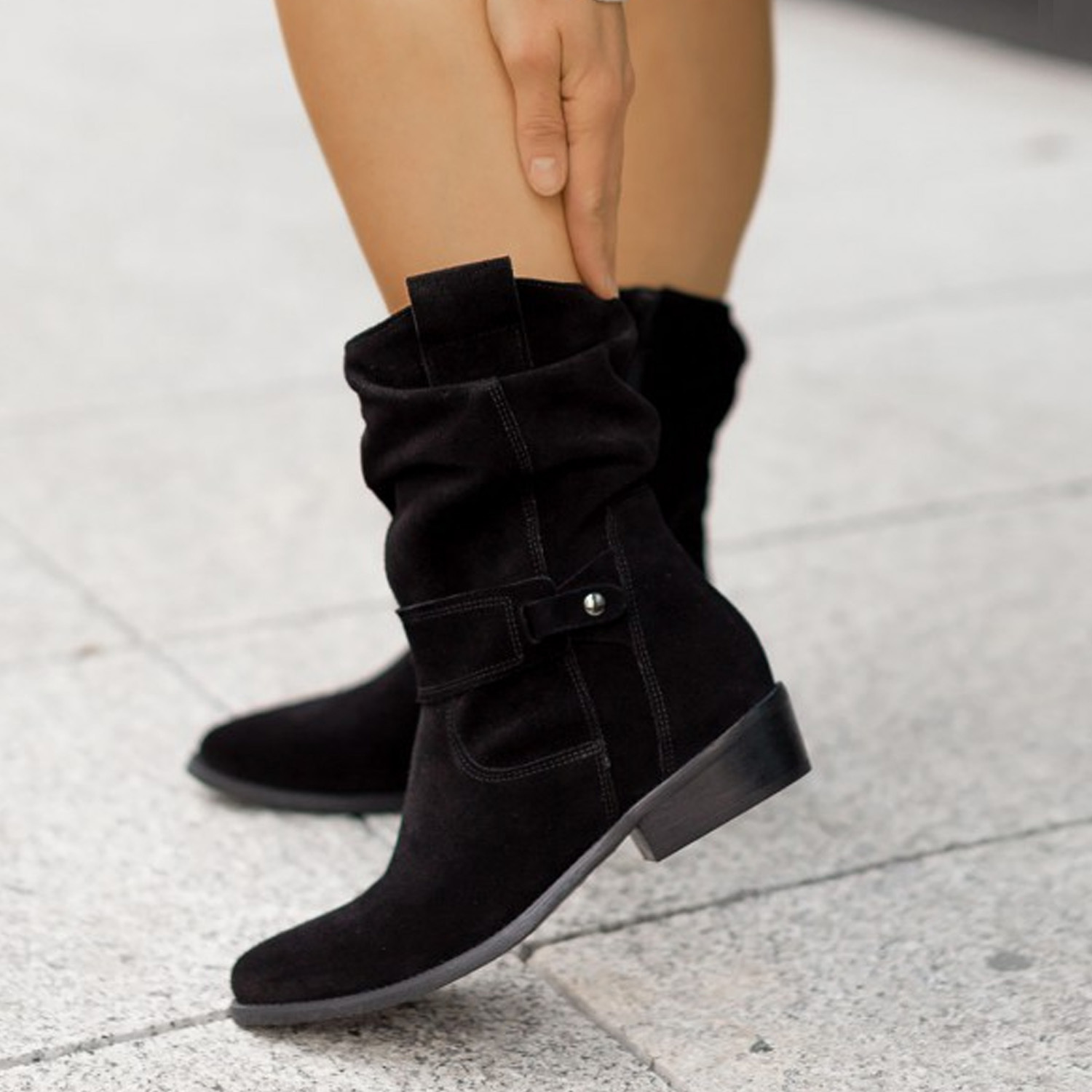 Low Heel Square Heel Suede Pleated Ankle Boots