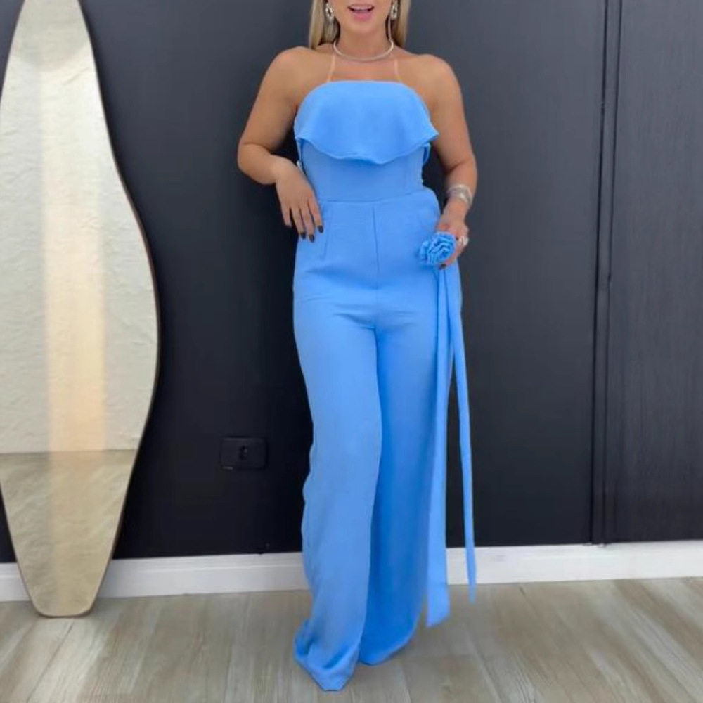 Women's One-Piece Jumpsuit Pants | Ruffled Strapless with Flower Waistband