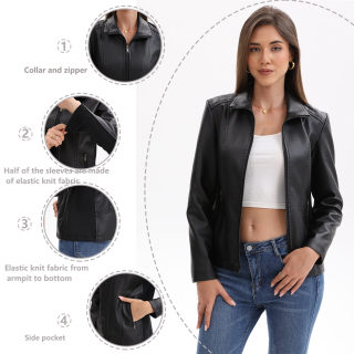 Women's Short Stretch Jacket | Leather Splicing Turn-Down Collar 2