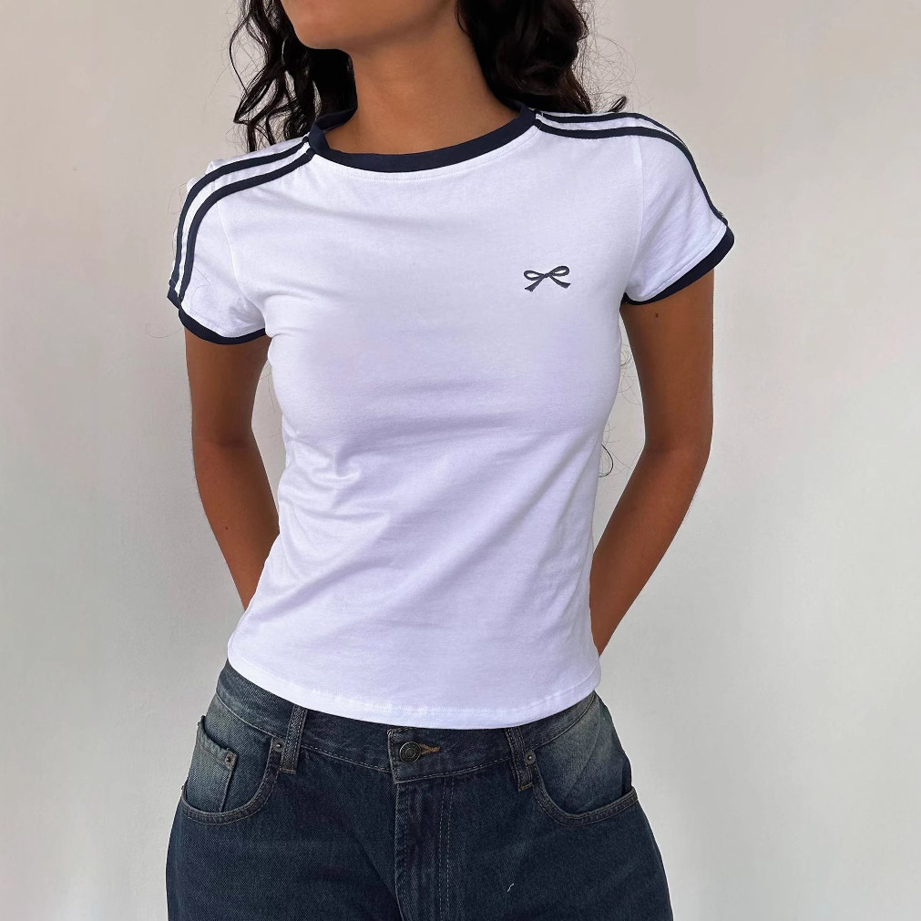 Contrast Bow Embroidery Patchwork T-Shirt for Women