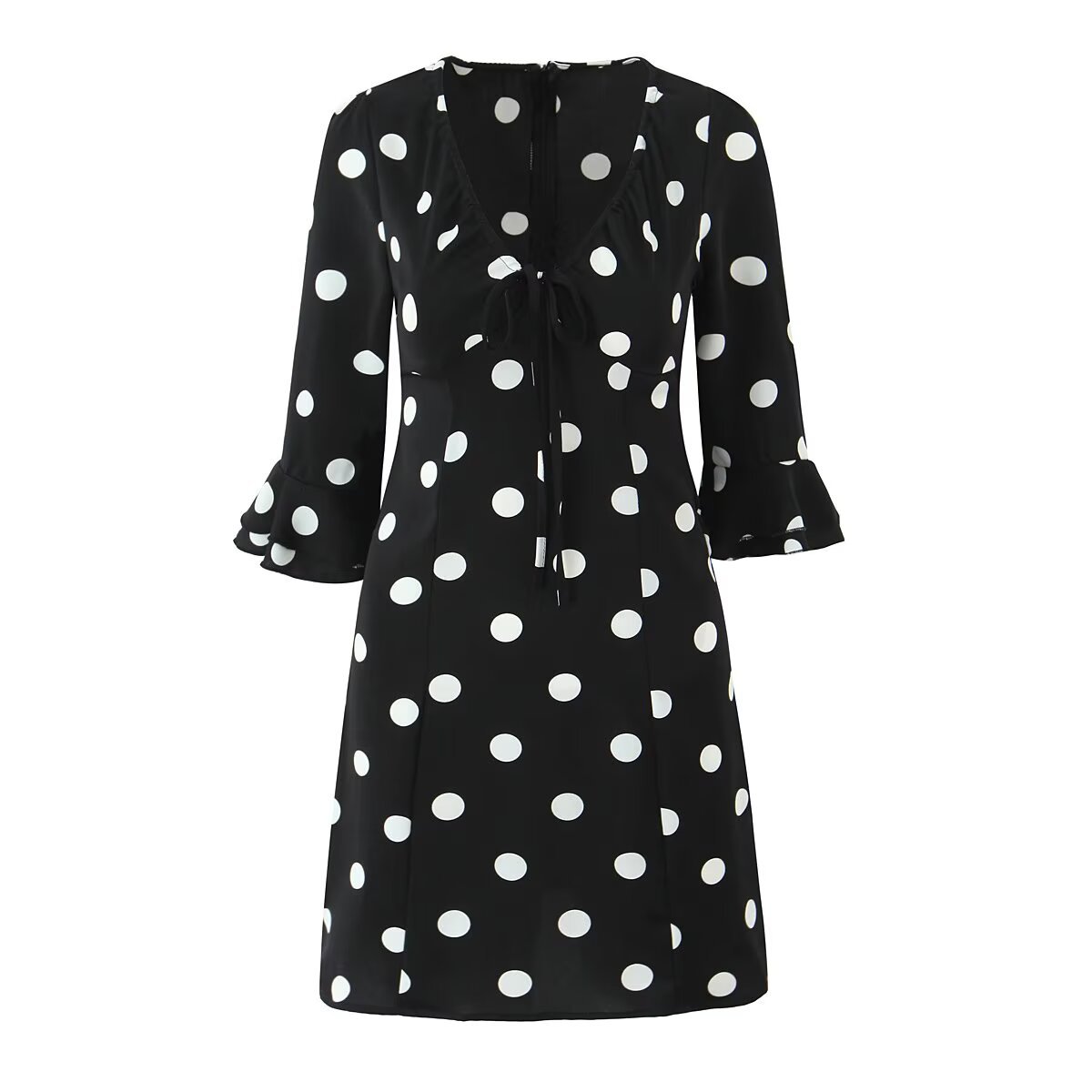 Color Block V-Neck Flared Sleeve Polka Dot Dress