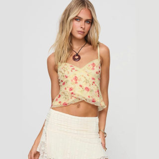 French Style Irregular Strap Lace-Up Mesh Splicing Top