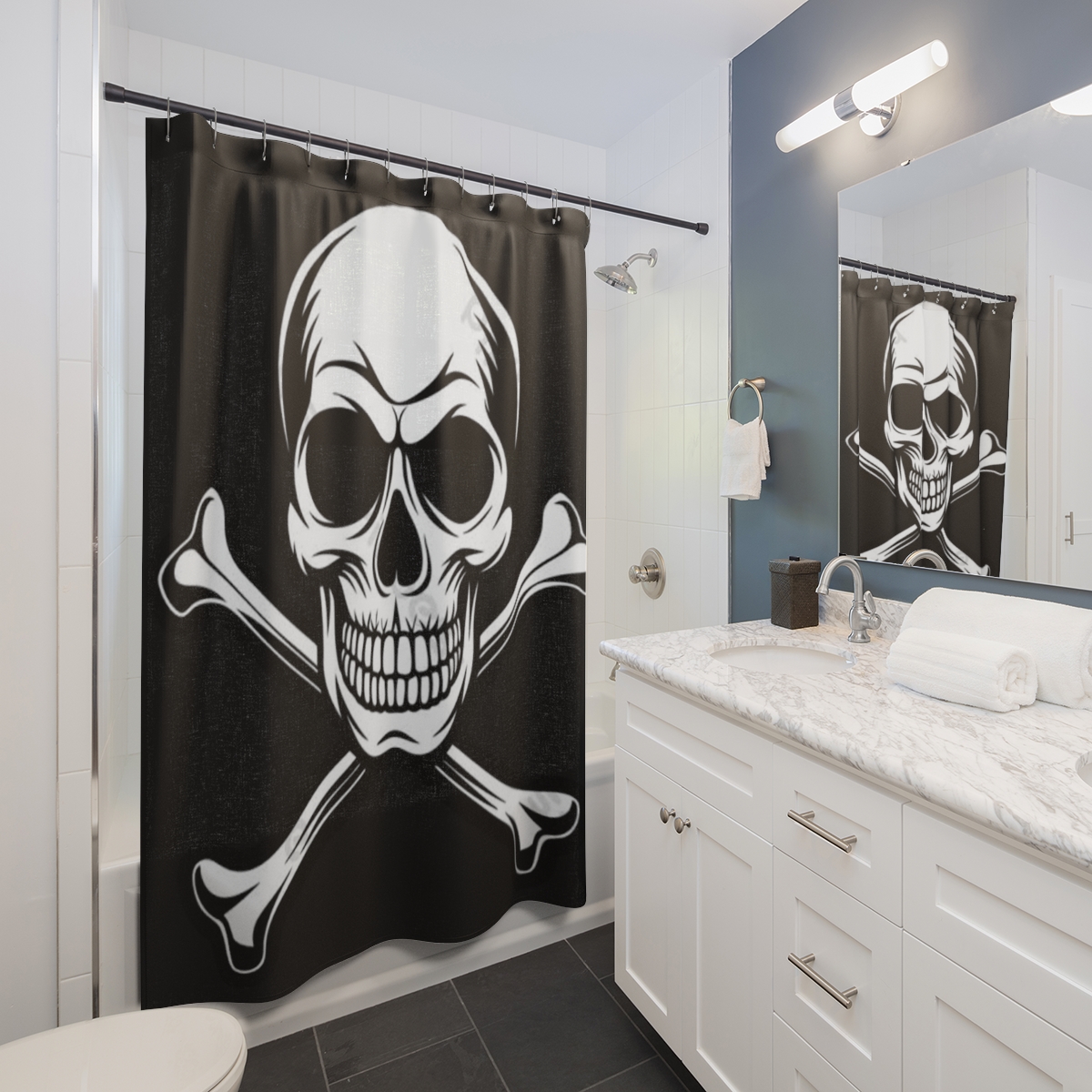 Skull and Crossbones Shower Curtain | Pirate Skull Bathroom Decor