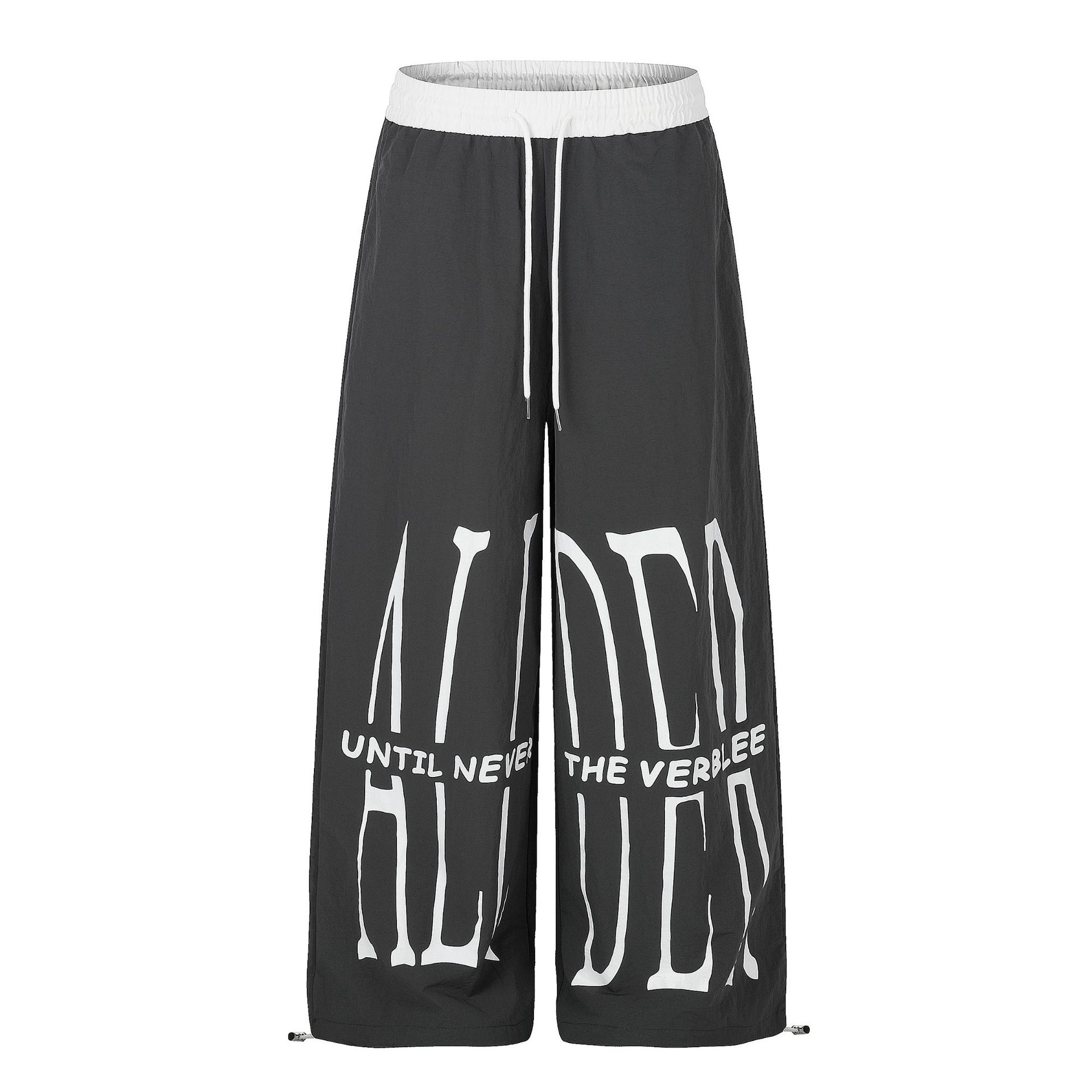 Wide-Leg Pants with Contrast Waistband and Letter Print