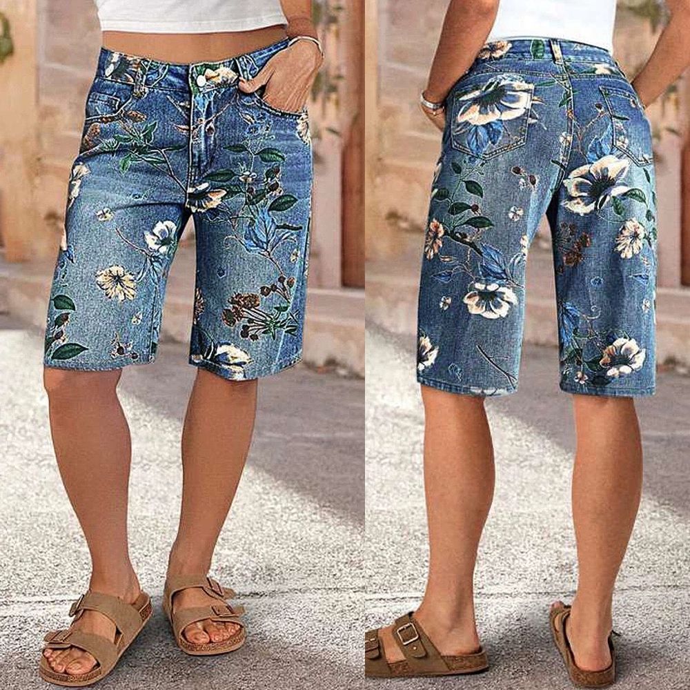 High-Waist Wide-Leg Five-Quarter Length Pants with Floral Print