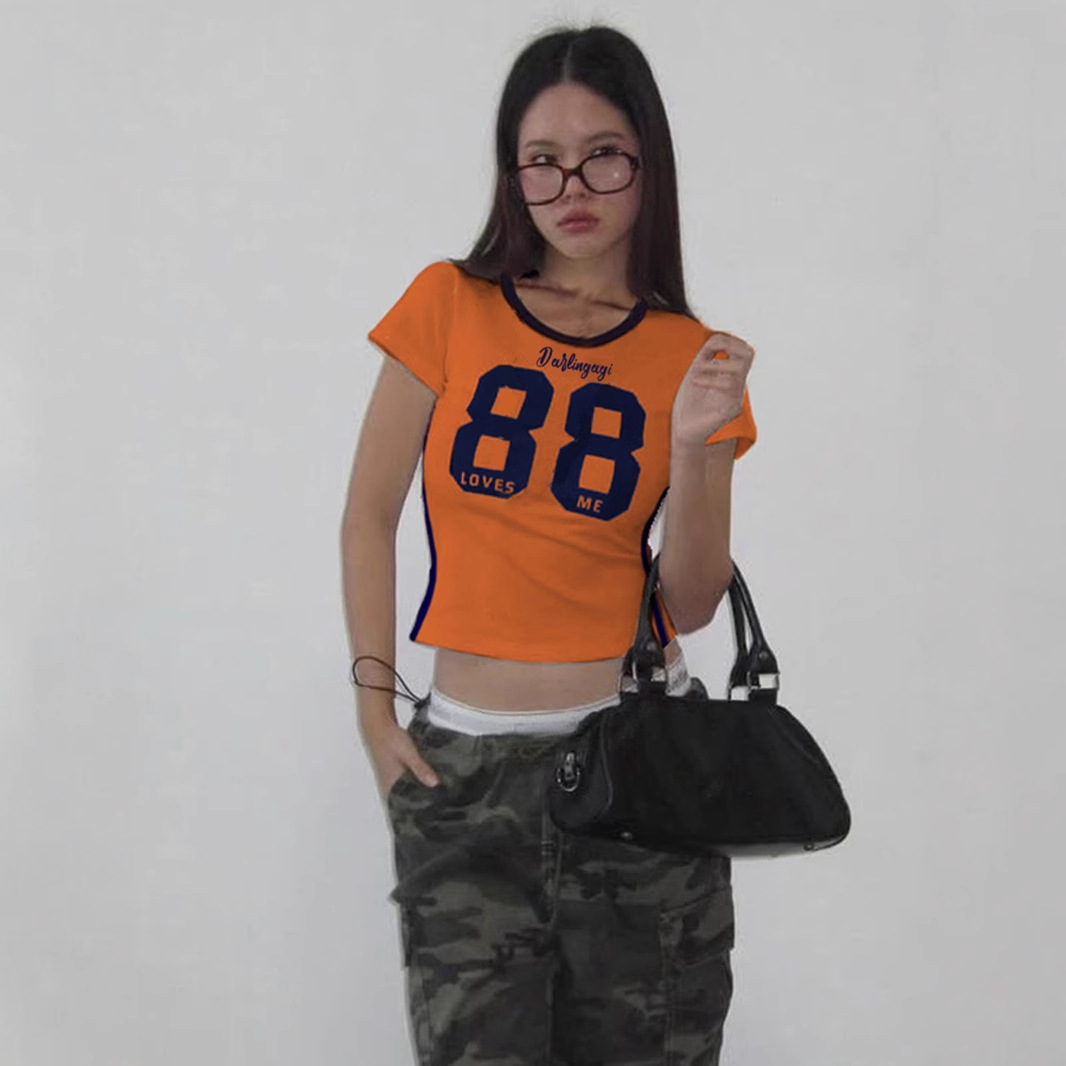 Street Retro Letter Print Slim Crop Top | Color Block Sporty