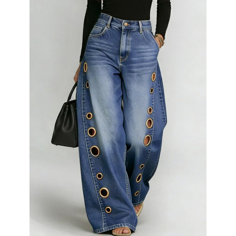 Women's Metal Eyelet Wide-Leg High-Waisted Jeans