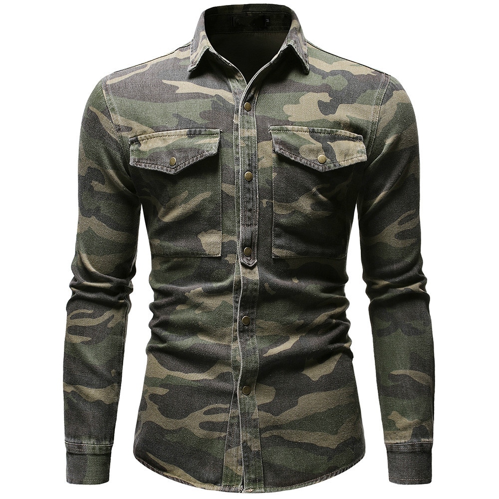 Camouflage Denim Shirt for Men | Army Green Long Sleeve Loose Jean Shirt