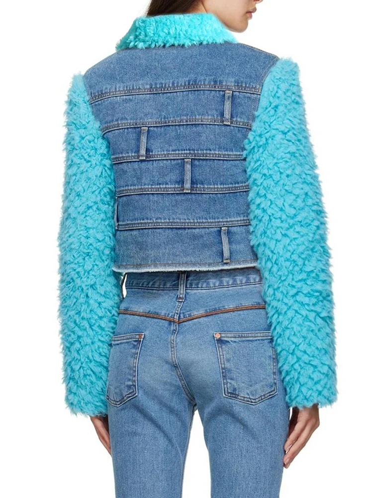 Casual Denim Coat for Women | Lapel Long Sleeve Colorblock Loose Coat 2