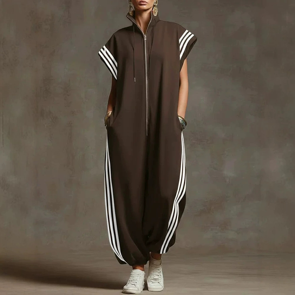 Striped Zipper Stand Collar Jumpsuit | Spring Summer Overalls