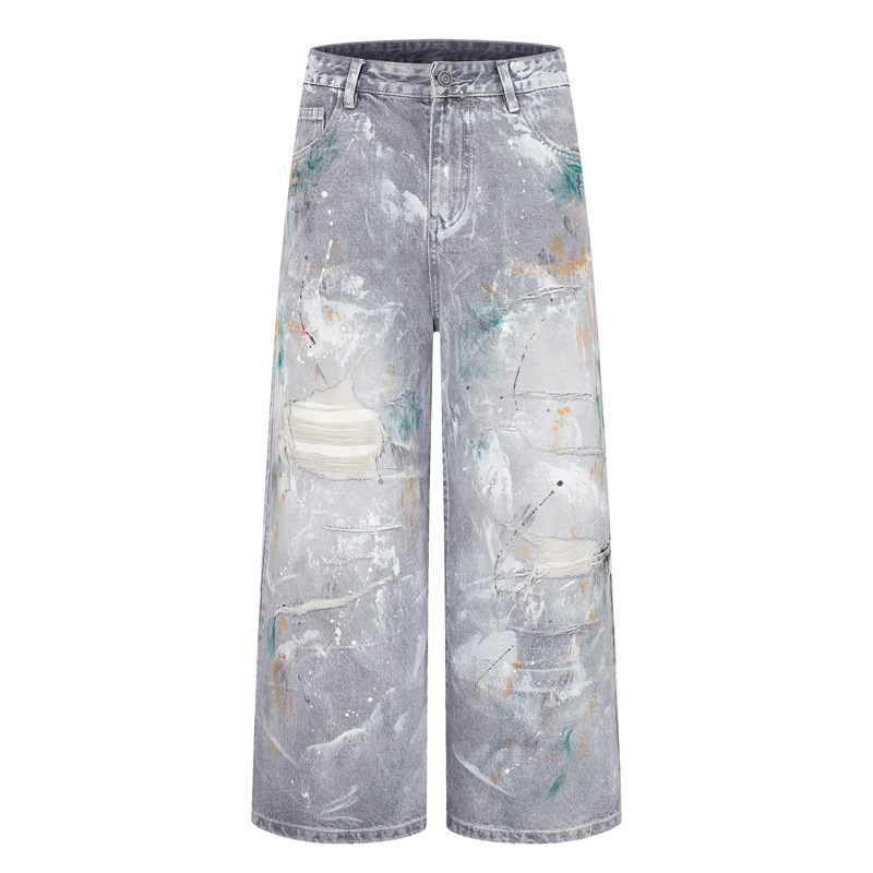 Loose Straight-Leg Washed Denim Pants | Men's Graffiti Ripped