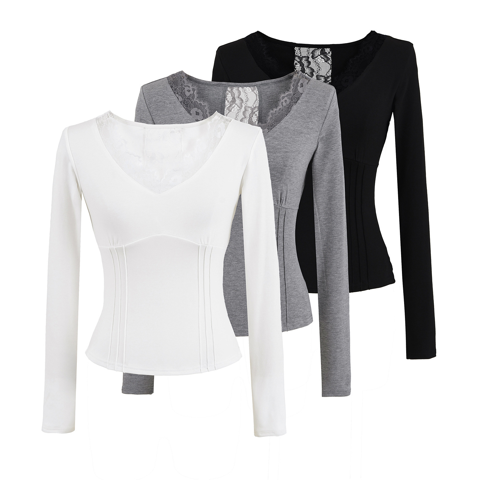 Lace Hollow Splicing V-Neck Long Sleeve T-Shirt
