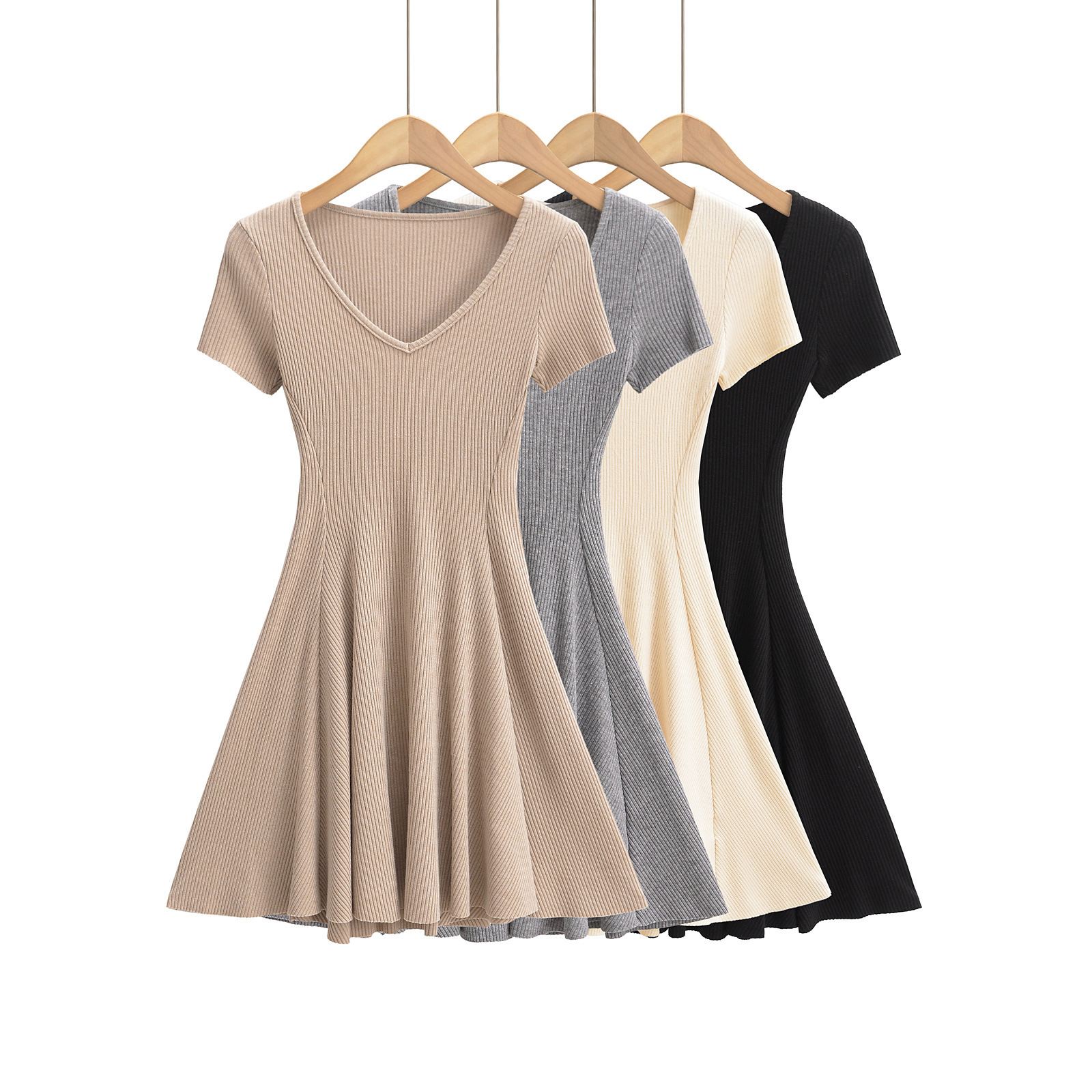 V-Neck Short Sleeve Knitted A-Line Dress