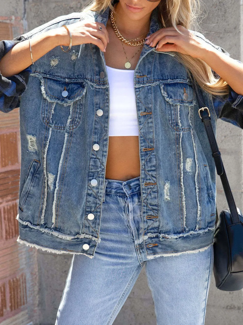 Street Trend Fringed Denim Plaid Jacket 3