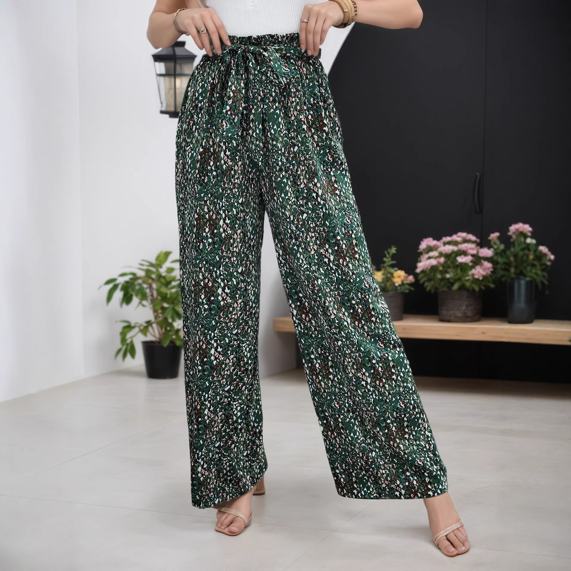 Women's Floral Bow-Tie High-Waisted Pants