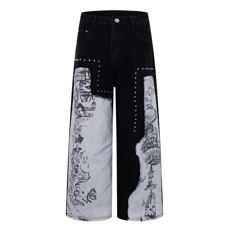 Men's Beaded Splicing Graffiti Print Jeans