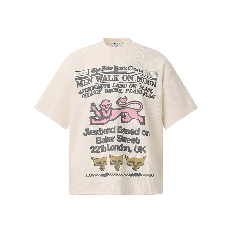 Cartoon Lion Letter Print Short Sleeve T-Shirt | American Retro