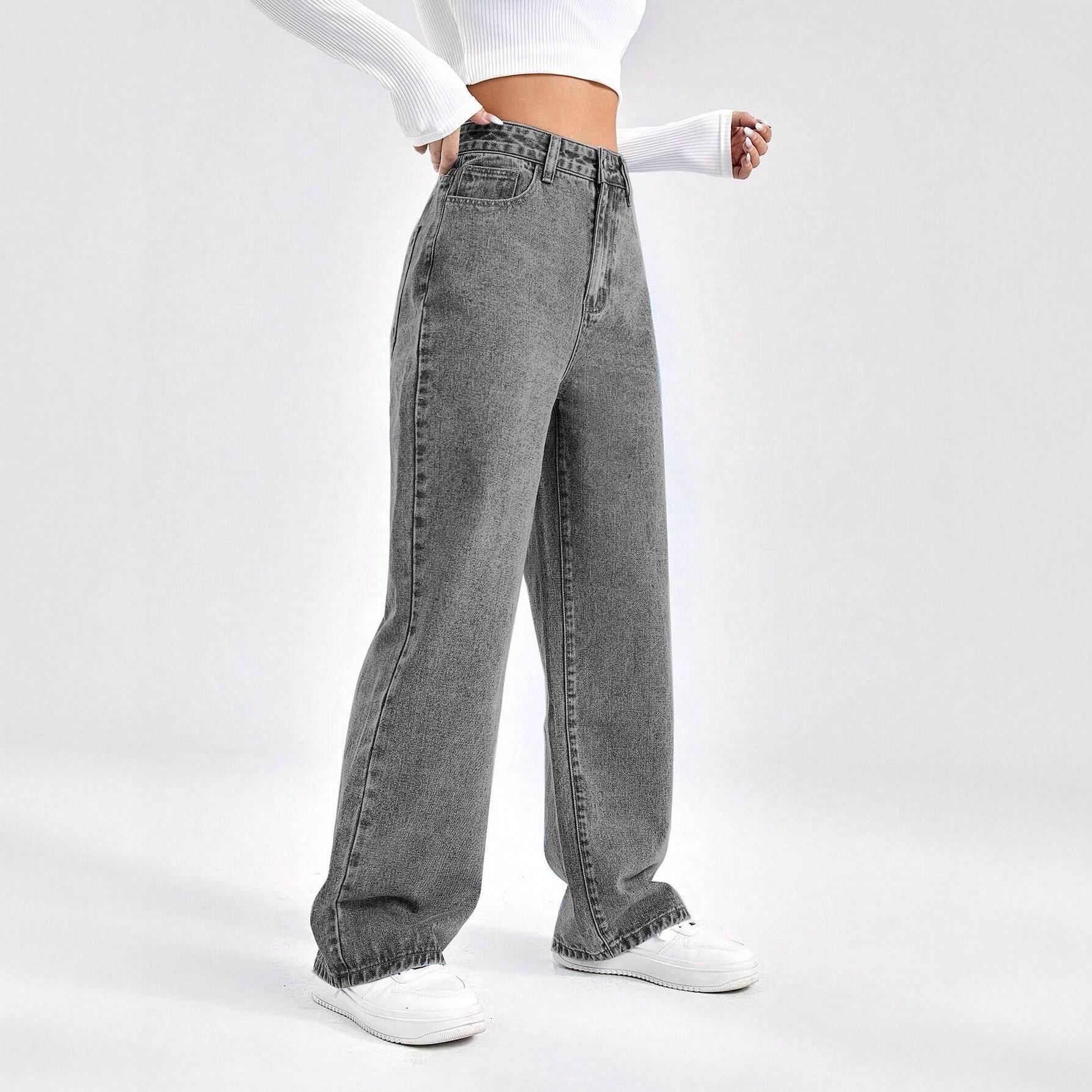 Grey Washed High Waist Wide Leg Jeans | Women's