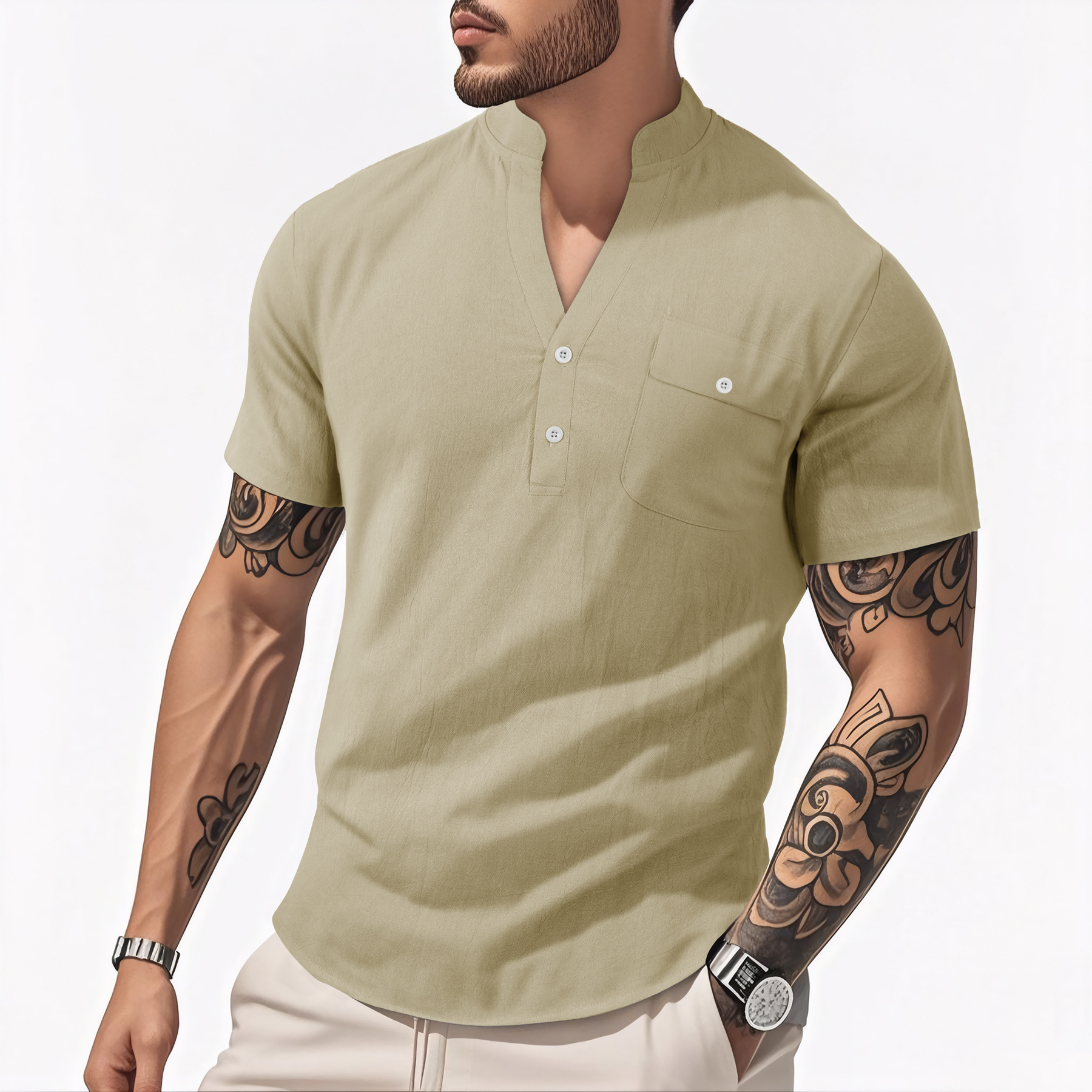 Men's Casual Cotton-Linen Short Sleeve Shirt | Stand Collar Henley