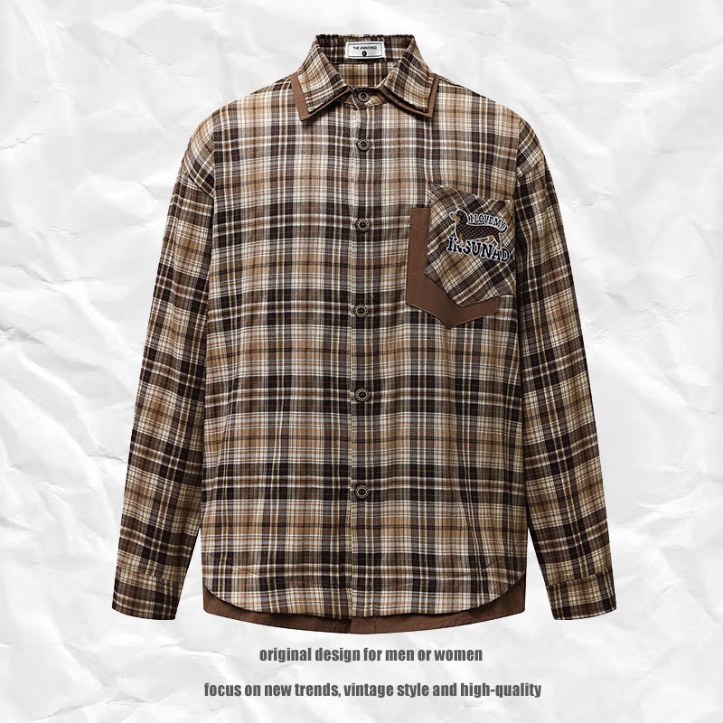 Brown Plaid Shirt for Men and Women | Loose Casual Long-Sleeve Blouse Jacket