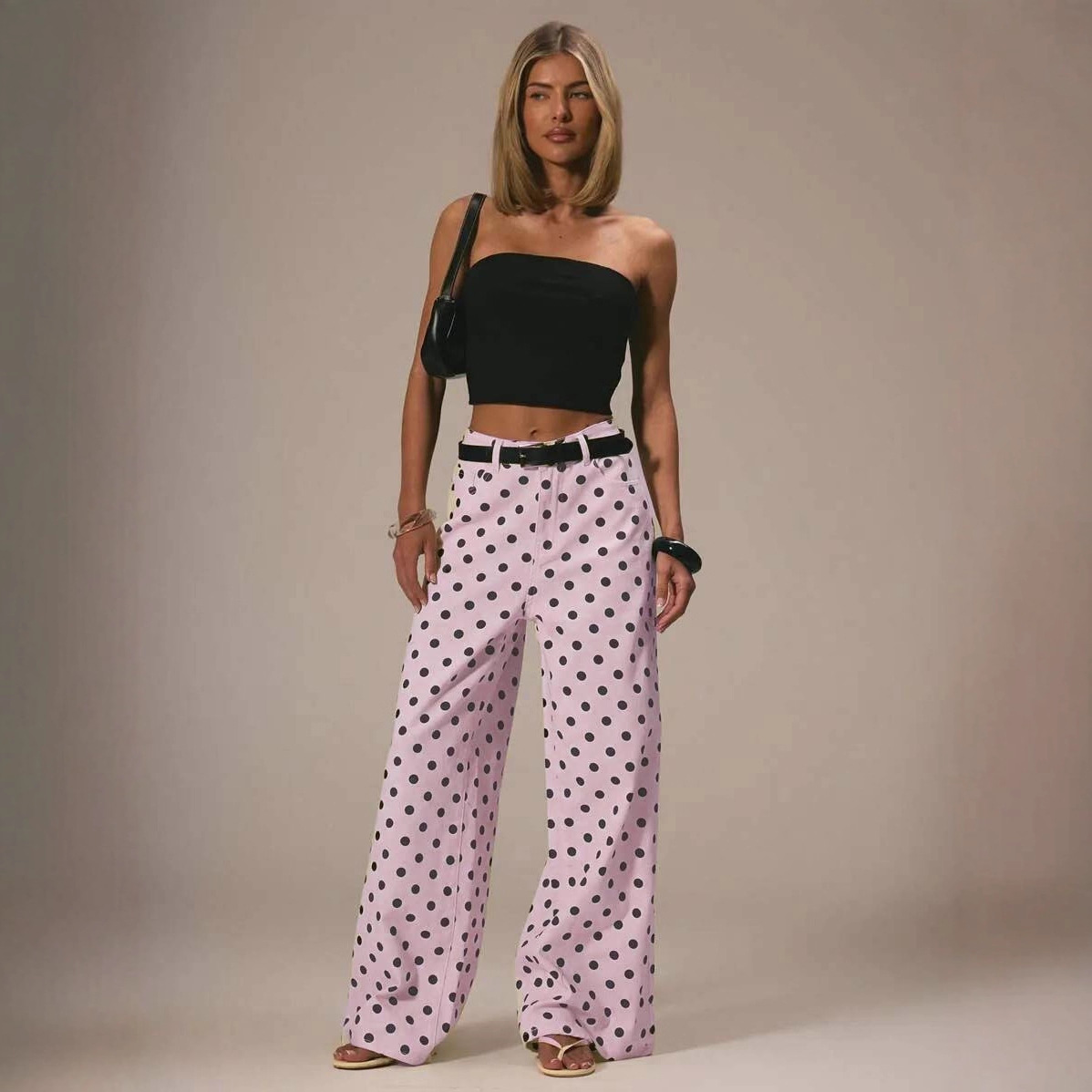 Polka Dot Loose Fit Mid-Waist Denim Pants