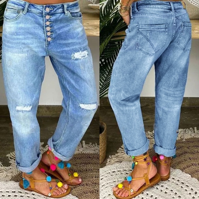 Blue Ripped Jeans, Loose Straight Leg