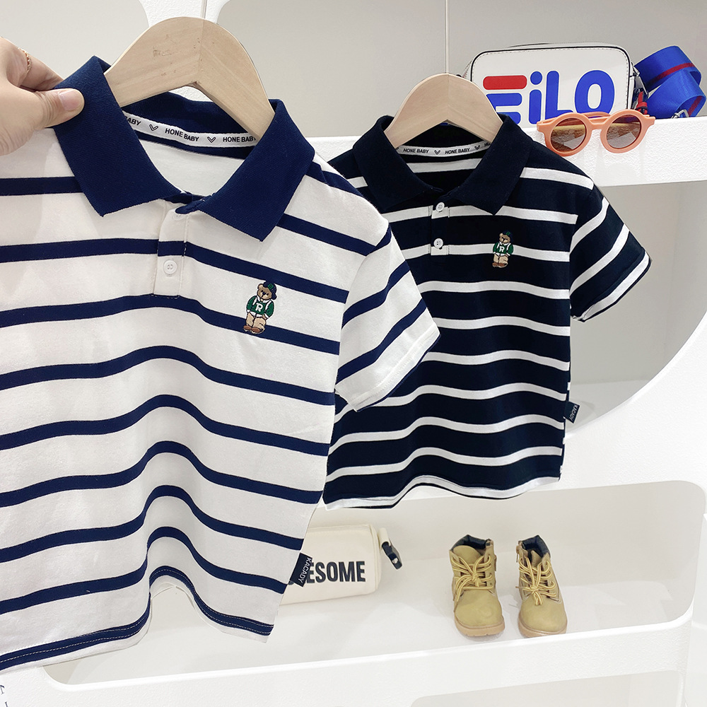 Girls' turn-down collar T-shirt — striped kids' top