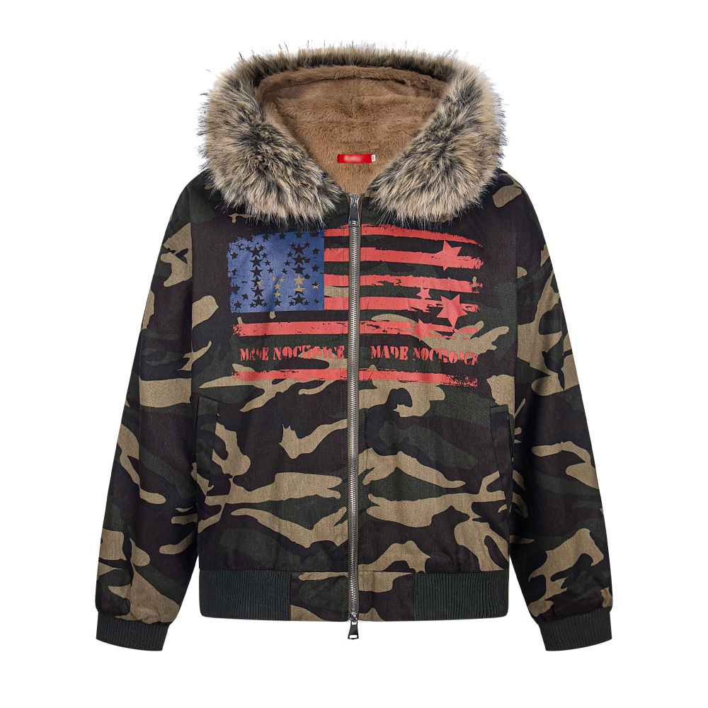 Camouflage Fur Collar Hooded Sweatshirt Jacket for Men