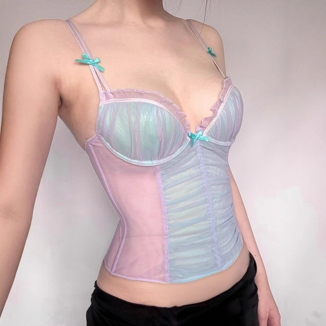 Girly Mesh Splicing V-Neck Backless Crop Top | Sexy Sheer Design
