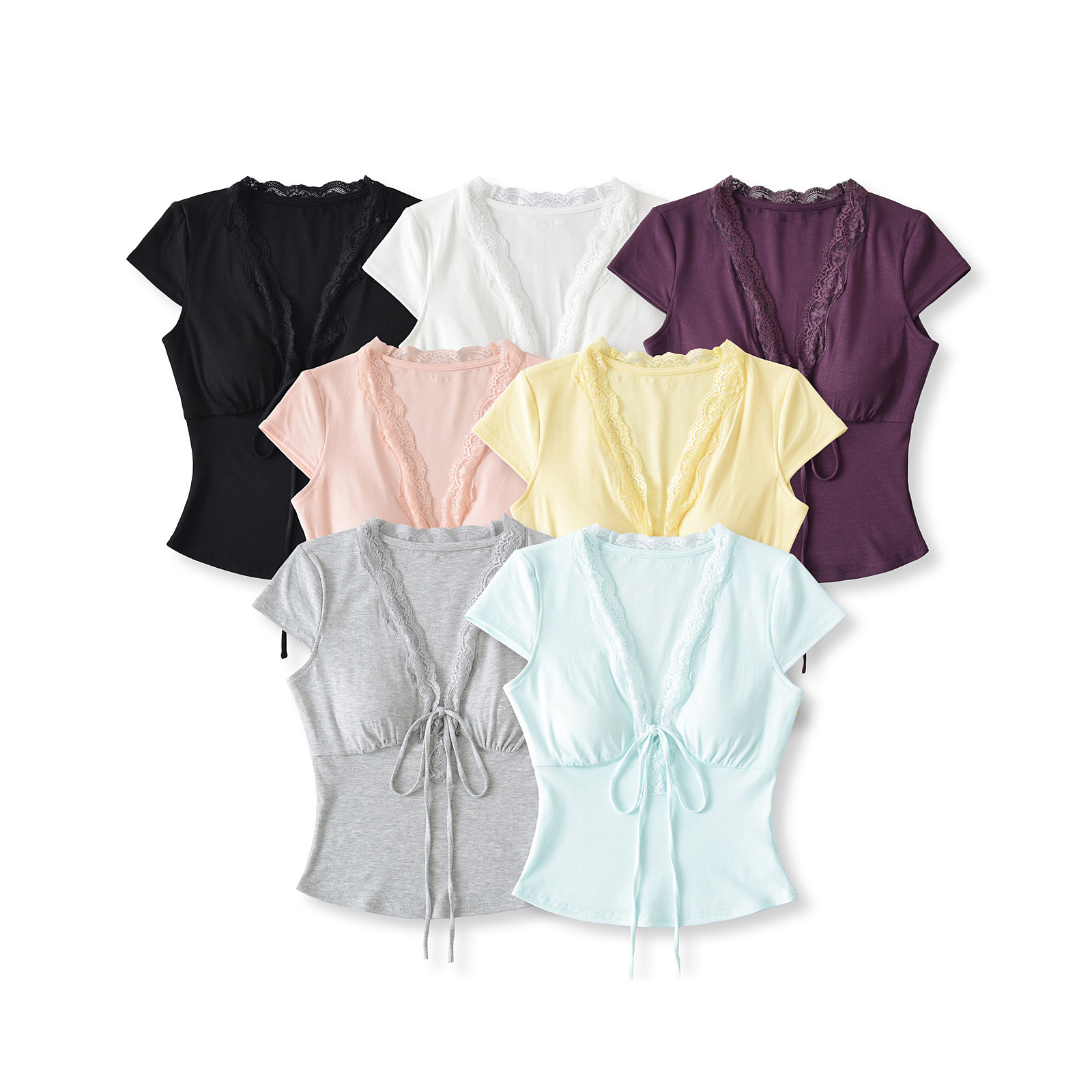 Lace V-Neck Short Sleeve Top with Padded Cups