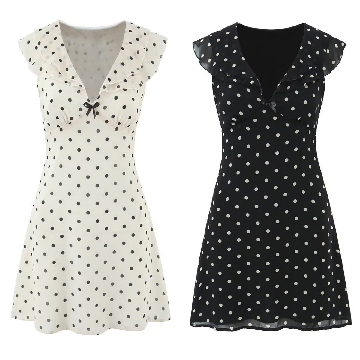 V-Neck Flutter Sleeve Wave Dot Ruffle Waist-Cinched Dress